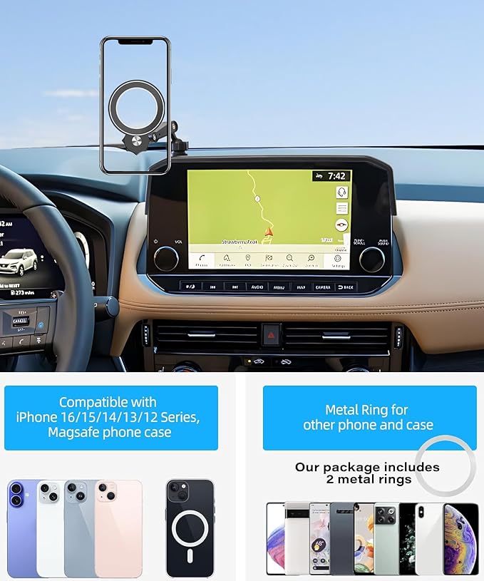 Car Phone Holder for Nissan Rogue 2021 2022 2023 Accessories Apply to 9 Inch Screen Fixed Clip Magnetic Cell Phone Mount Hands-Free 360 Degree Rotation with Dashboard Storage Tray