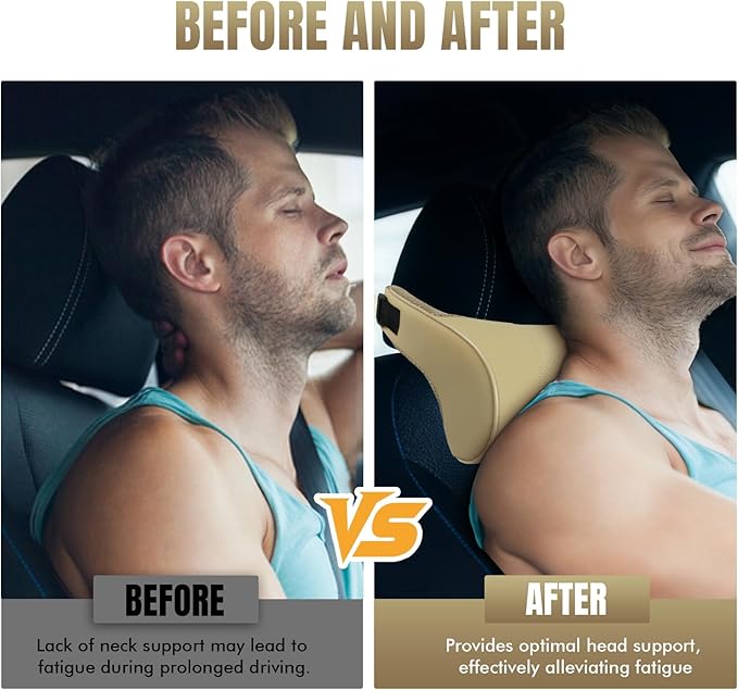 Car Neck Pillow with Memory Foam, Soft Comfortable Headrest Pillow for Driving, Ergonomic Design, Auto Seat Neck Support Pillows Head Rest Cushion with Breathable Leather Cover (Beige)