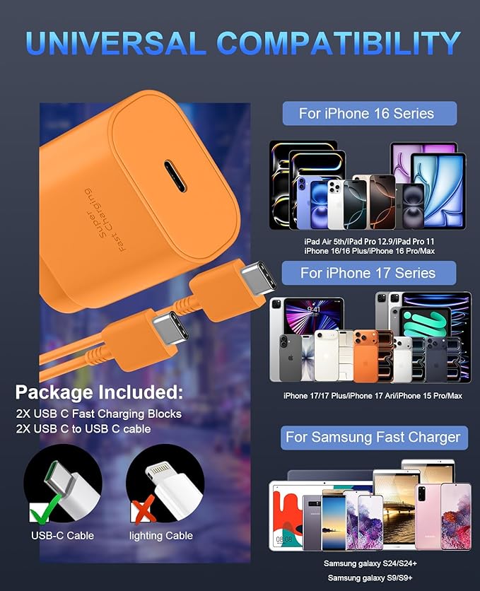 Phone 17 16 15 Charger Fast Charging,30W USB C Phone 17 16 15 Pro Max Charger Block & 10FT Long Type C Cable Cord for i.Phone 17/17 Air/17 Pro/17 Pro Max/16/16 Pro Max/15/15 Pro Max,Orange