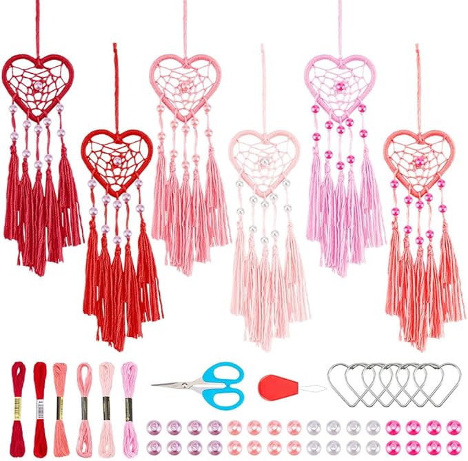INFUNLY 6 Sets Heart Small Dream Catcher Kit Valentine's Day Themed Dreamcatcher Kit Mini Pink Dream Catcher Kit for Adults Boho DIY Dream Catcher Kit for Bag Pendant Car Interior Backpack Charm