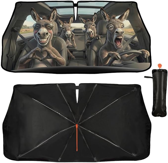 Socira Funny Donkey Car Windshield Sun Shade Umbrella Foldable Sunshade for Front Window Auto Windshield Sunshade Covers Car Accessories Protect from Sun Rays Heat Gifts 57'' X 30''