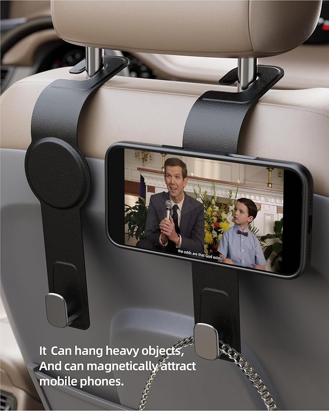 Car Headrest Hook with Swivel Magnet Phone Holder for Magsafe, 2-in-1 Double Hooks Hanger for Purse Bag, 360° Rotating Hands-Free Car Accessories for Handbag Coat Umbrella(1 Pack Black)