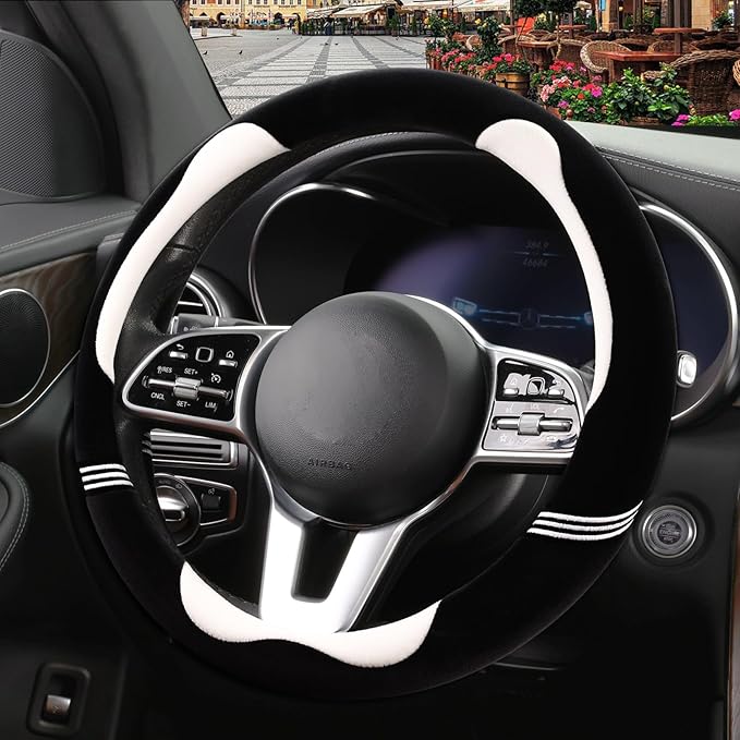 Furry Cute Steering Wheel Cover, Soft Fluffy Short Plush Auto Accessories, Non-Slip Cold-Proof Sweat-Proof Colorfast, Universal 15 inch(Black with White)