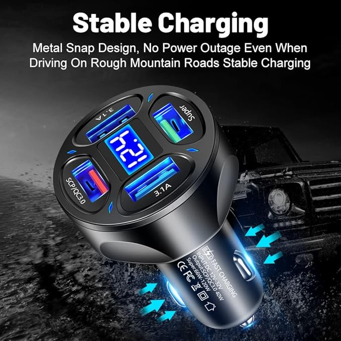 66W Multi Port Car Charger Adapter with Voltage Monitor, 4 USB QC3.0 Super Fast Charge Cigarette Lighter USB Charger, Compatible with iPhone/Android/Samsung/iPad Pro/and More (White)