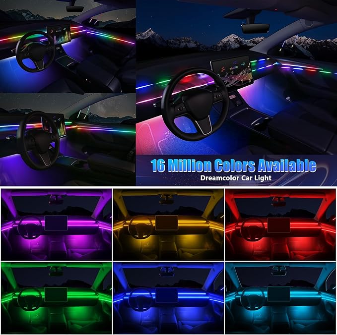 Acrylic Interior Car LED Strip Light with Wireless APP, RGB Dreamcolor 10 in 1 with 175 inches 600 LEDs Fiber Optic Strip Lights for Car, Dynamic Chasing Sound Active Neon Car Ambient Lighting Kits