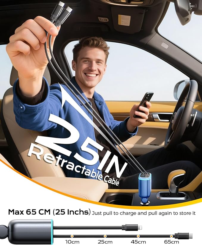 Car Charger, iPhone USB C Cable Retractable Fast USB C Phone Charger, Cigarette Lighter Adapter with 2 USBC Cables 25 Inch and 2 USB Ports, Multi Port Car Charging for iPhone 17/16/15/Pro Max-Blue