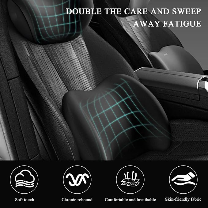 Car Headrest & Lumbar Support Cushion, Ergonomic Memory Foam Car Neck Back Support w/Removable Cover, Universal Breathable Lumbar Cushion Headrest Pillow with Adjusatble Strap (Black)