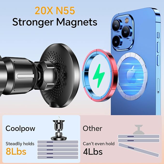 Coolpow for 15W MagSafe Car Mount Charger【Strongest Magnetic】 Magnetic Wireless Cars Charger,Magnetic Phone Holder for Cars,Phone Holders for Your Car Charger for iPhone 17 Pro Max 16 15 14
