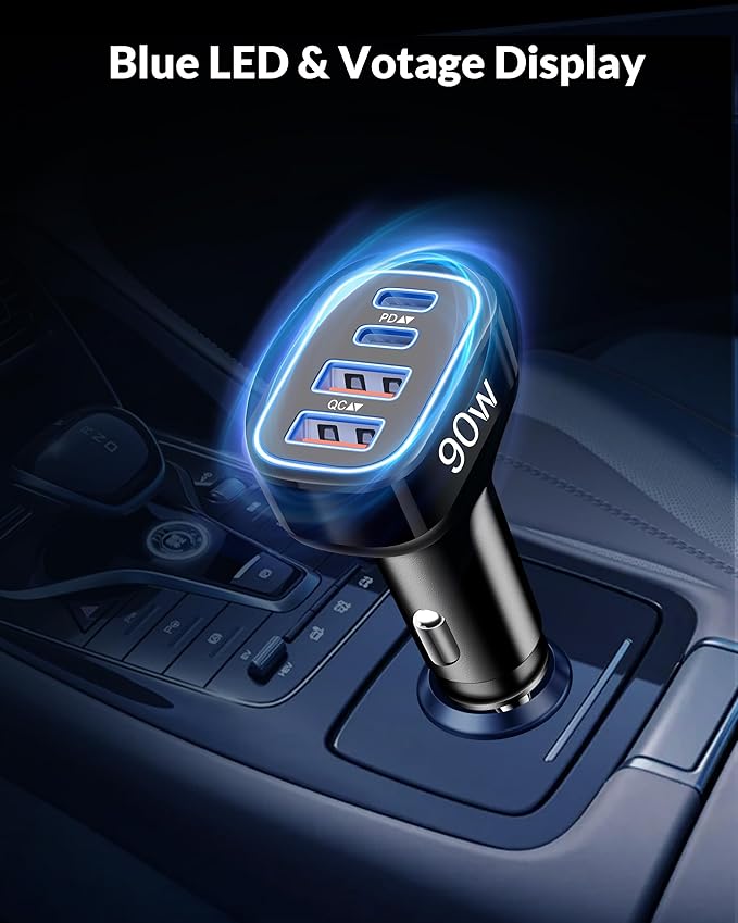 90W 4-Port USB C Super Fast Car Charger for Samsung Galaxy S26/S25/S24/S23/S22 Ultra, iPhone 17/16/15 Pro Max, Android, Type C Fast Charging Car Phone Charger Adapter Accessories + 3FT USB-C Cable
