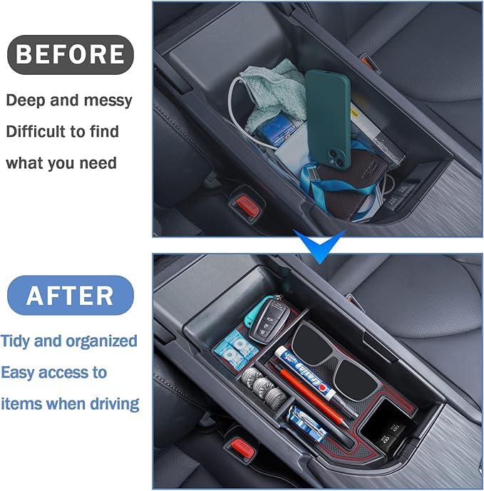 TOPINSTALL Red Center Console Organizer Compatible with 2018-2023 2024 Toyota Camry XLE XSE and 2020-2024 Camry LE SE with Dual USB Ports, Interior Accessories Armrest Tray Insert (Not for 2025)