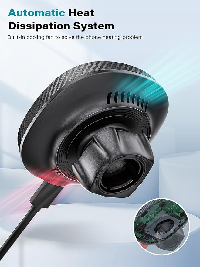 EXELIQ for Qi2 15W Magsafe Car Mount Charger, Car Cup Holder Wireless Car Phone Charger Heat Dissipation Fan, Fast Charging Magnetic Phone Holder for iPhone 17 16 15 14 13 12 [PD 30W Adapter]
