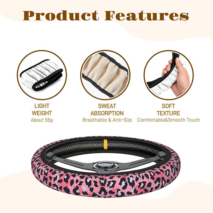Steering Wheel Cover Accessories Neoprene Cover, Breathable Non-Slip Easy to Install Suitable for Women Men, 14.5-15.5 Inch for Car SUV Van Truck Universal - Pink Small Panther
