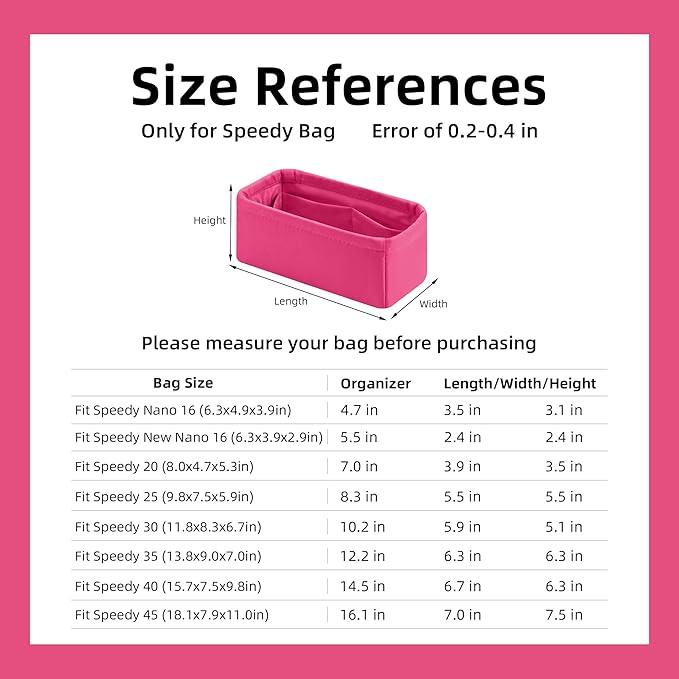 DGAZ Silk Purse Organizer Insert Fits LV Speedy 16/20/25/30/35/40/45 bags，Silky Smooth Bag Organizer，Luxury Handbag & Tote Shaper(Rose pourpre,New nano 16)