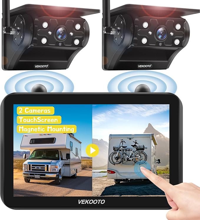 VEKOOTO VK7 2 Magnetic Solar Wireless Backup Camera with 7'' IPS Touchscreen, 15,000mAh Rechargeable, No Wiring, HD1080P Night Vision Wireless Backup Camera for Trucks, RV, Trailer, Camper