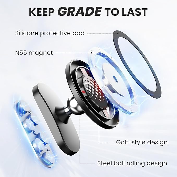 Magnetic Golf Cart Phone Holder, N55 Strong Magnetic Mount, 1-Second Snap-On, 360° Rotation, Compatible with MagSafe iPhone & Android Phones, Fits EZGO Club Car Yamaha, Golf Accessories Gift