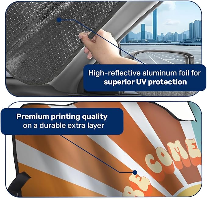 GENANY Hippie Here Comes The Sun Windshield Sun Shade for Car SUV Truck (55x30 Inches), Sun Shade Windshield for Windows, Protector Blocks UV, Car Decor