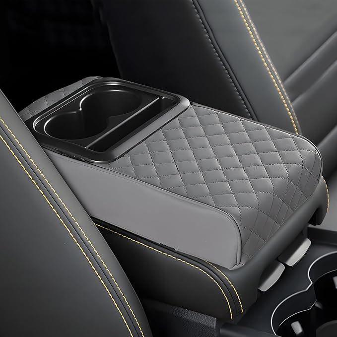 Car Center Console Armrest Pillow, 13.19"×7.87" Leather Car Arm Rest Cover, Memory Foam Auto Armrest Cushion with Cup Holder Phone Slot, Universal Vehicle Middle Console Cushion Pad (Gray)