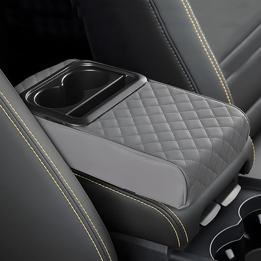 Car Center Console Armrest Pillow, 13.19"×7.87" Leather Car Arm Rest Cover, Memory Foam Auto Armrest Cushion with Cup Holder Phone Slot, Universal Vehicle Middle Console Cushion Pad (Gray)