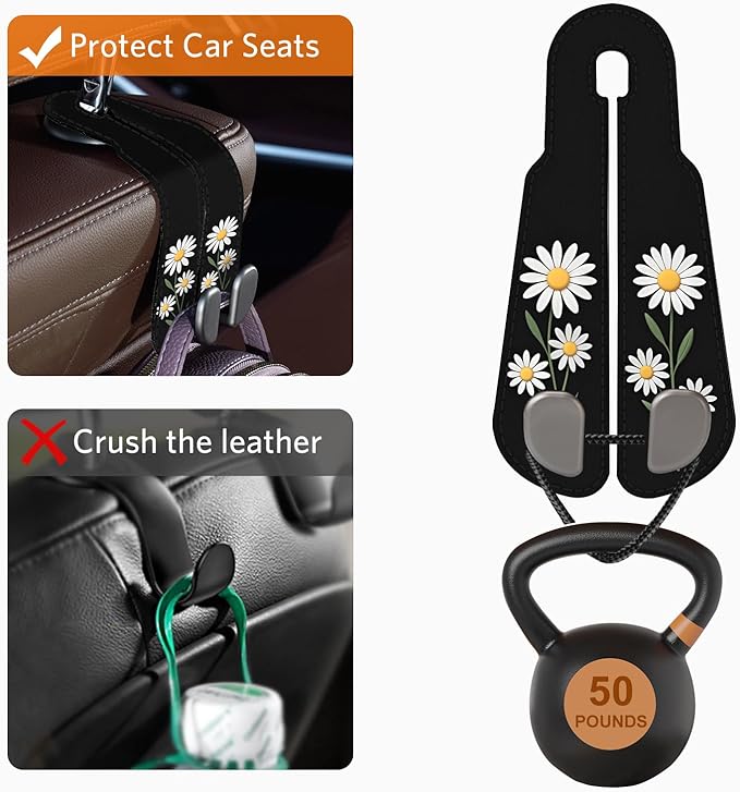 CoBak Purse Hook for Car - Universal Premium Stitched Leather and Aluminum-Magnesium Alloy Double Car Seat Back Storage Hook for Purses, Handbags, Bags (2 Pack),Daisy