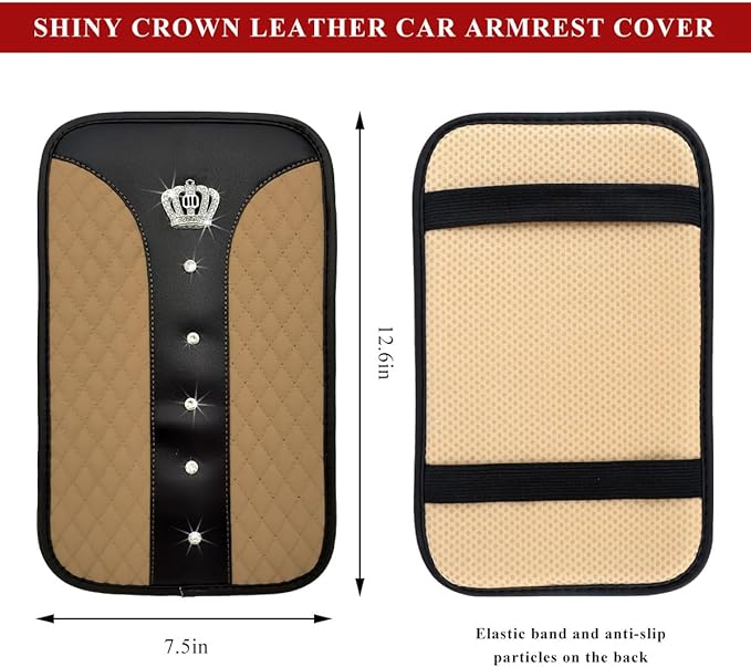 Bling Leather Car Center Console Cover, Anti-Slip Crown Armrest Seat Box Cushion Pad with Rhinestones, Waterproof Crystal Arm Rest Protector Interior Decor for Most Vehicles (Beige)
