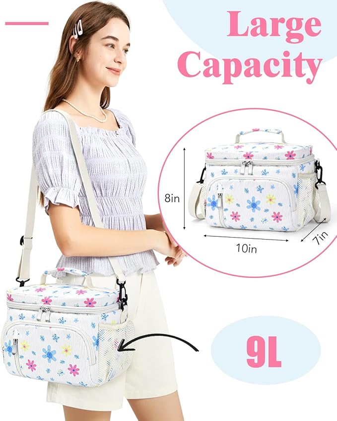 Insulated Lunch Bag for Men & Women, 9L Leakproof Lunch Box Soft Cooler Tote with 5 Pockets, 600D Oxford, EVA Lining, Adjustable Strap for Work, Picnic, Beach&Travel-Corduroy Colored Flowers