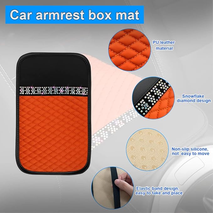 Bling Leather Car Center Console Cover, Car Center Console Protector With Glossy Crystal Rhinestone, Universal Waterproof Car Armrest Seat Box Cover For Most Car, Vehicles, SUVs, Trucks (Orange)