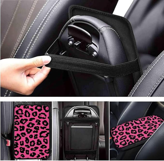 Pink Leopard Print Steering Wheel Covers Set for Women Car Interior Decor Cup Coaster Handbrake Cover Suit for Most Cars Truck Vans SUV-6 Pcs