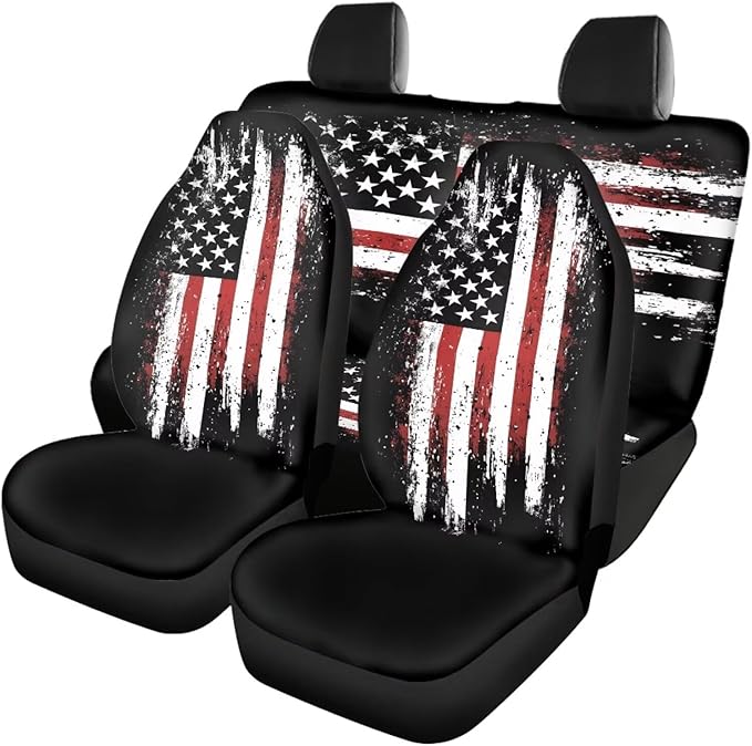 KEIAHUAN 4th of July Car Seat Cover Full Set American Flag Patriotic Breathable Car Front Seat Cover and Rear Bench Cover Set of 4