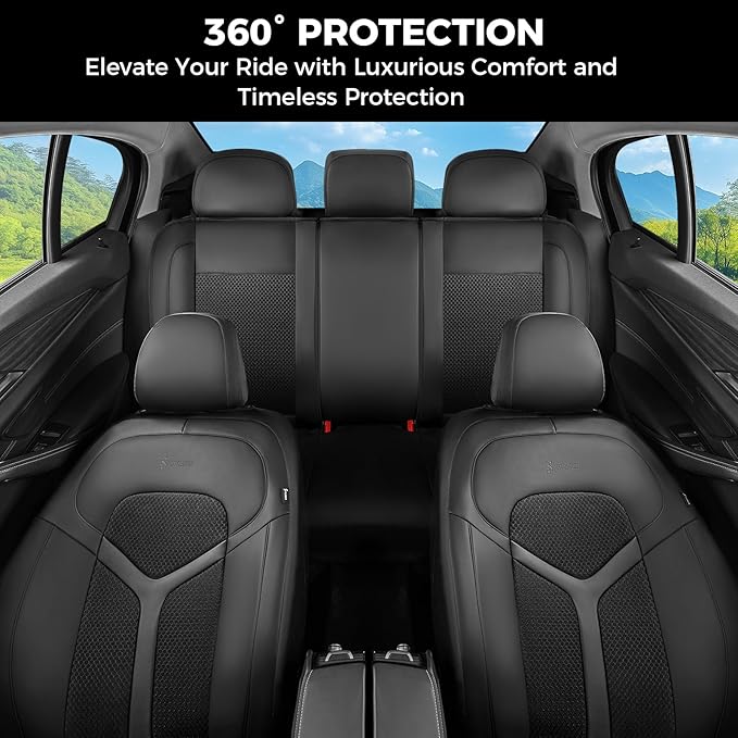 FLORICH Car Seat Covers Full Set, Universal Seat Cover 5 Seats, Automotive Seat Covers with Mesh Leather, Waterproof Car Seat Protector, Breathable Car Seat Cushion for Most Car SUV Truck, Black