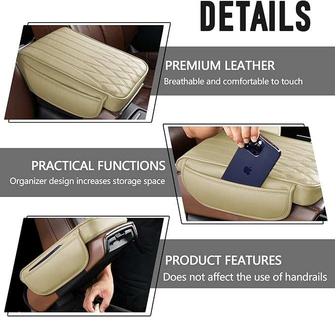 wuyaoyao Car Center Console Cover, Leather Car Armrest Box Cover, 12.40"×8.46"×1.97" Arm Rest Pad with Pockets, Soft Auto Armrest Storage Box Protector, Universal Interior Car Accessories (Beige)