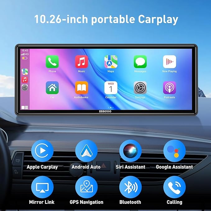 10.26" HD Carplay Screen for Car Stereo, 4K Dash Cam Wireless Portable Touch Screen Car Play with Apple Carplay & Android Auto with 1080P Back Up Camera, Bluetooth, Mirror Link, GPS, AUX+64GB