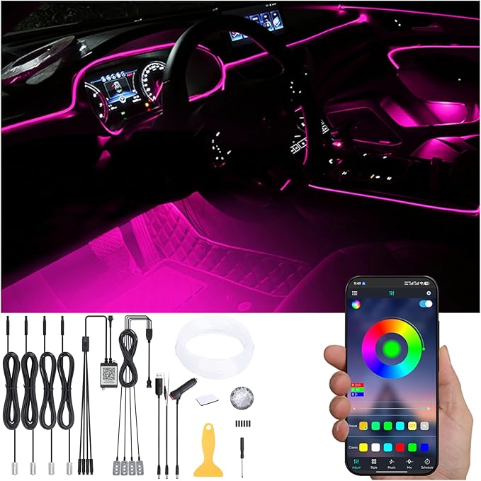 Car Interior Strip Lights, 4 in 1 Multicolor RGB Car Footwell Ambient Lighting Kit, 5m Fiber Optic EL Neon Tube Light, DIY Mode Music Sync APP Control DC 12V