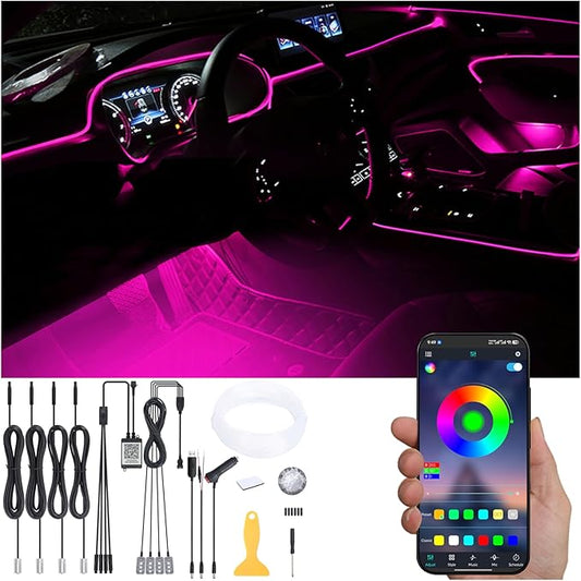 Car Interior Strip Lights, 4 in 1 Multicolor RGB Car Footwell Ambient Lighting Kit, 5m Fiber Optic EL Neon Tube Light, DIY Mode Music Sync APP Control DC 12V