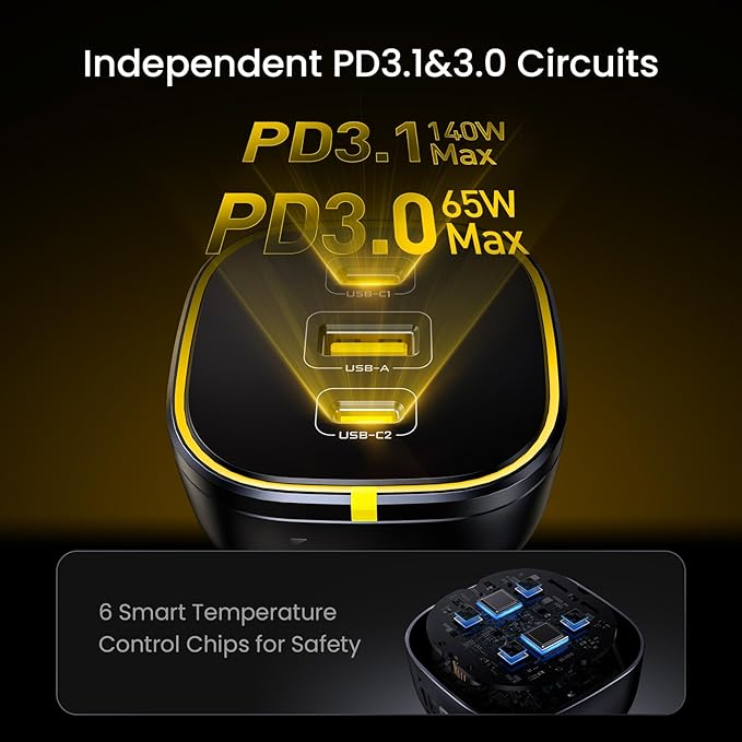 AOHI 165W Laptop Car Charger Adapter 140W PD 3.1/ 100W PD 3.0 USB C Super Fast Charging PPS 45W 3-Ports QC5.0 Car Lighter Charger for MacBook Pro, iPhone 16/15, Galaxy S24 Ultra, iPad, Black