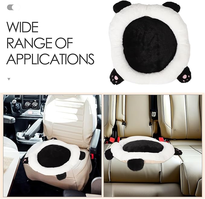 Cute Panda Car Seat Cushion with Lumbar Support, Rabbit Fur Round Pad, Black Auto Seat Pillow for Adults, Comfortable Cushion for Extended Trips and Travel