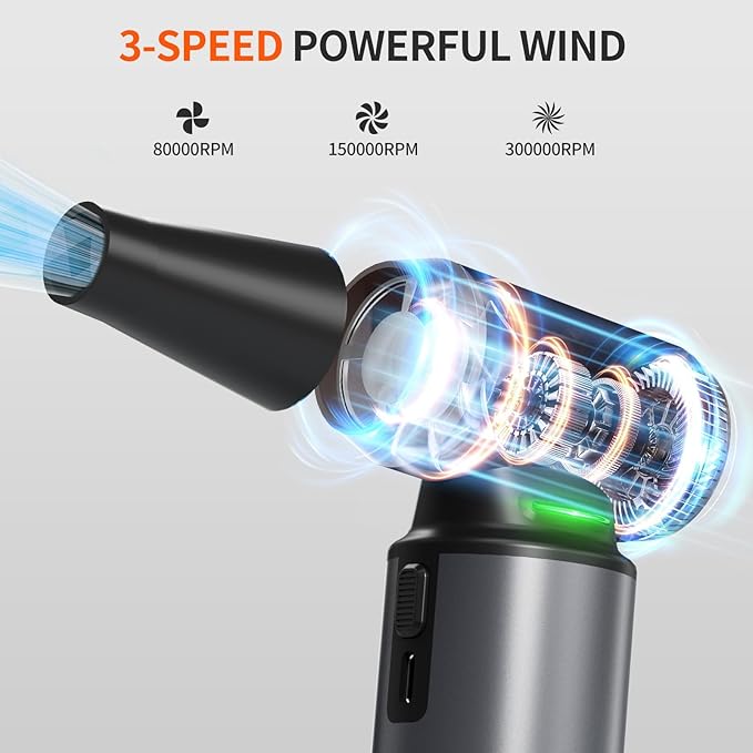 Compressed Air Duster - 300000RPM Brushless Motor Cordless Blower, 8000mAh Rechargeable, 3-Speed Electric Duster for Computer, Keyboard, Car, Home Cleaning