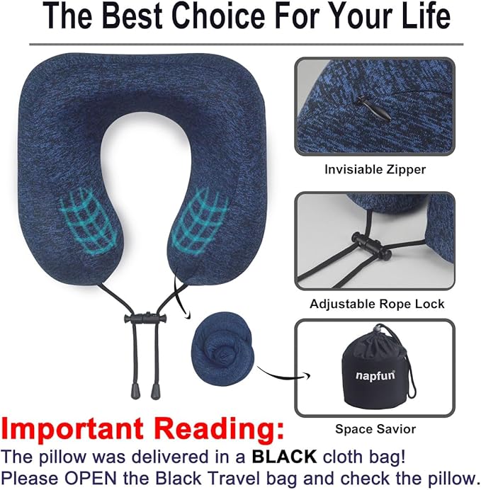 napfun Neck Pillow for Traveling, Upgraded Travel Neck Pillow for Airplane 100% Pure Memory Foam Travel Pillow for Flight Headrest Sleep, Portable Plane Accessories, Blue