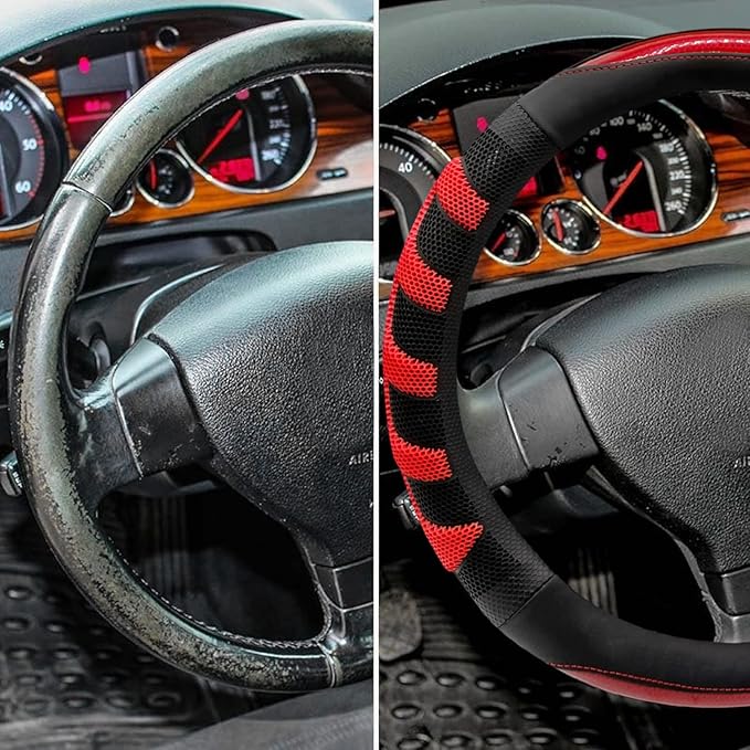 Sport Style Black Leather Steering Wheel Cover with Red Fishbone Grip Steering Wheel Accessory,Universal Fit 14.5-15.25 inch Steering Wheel