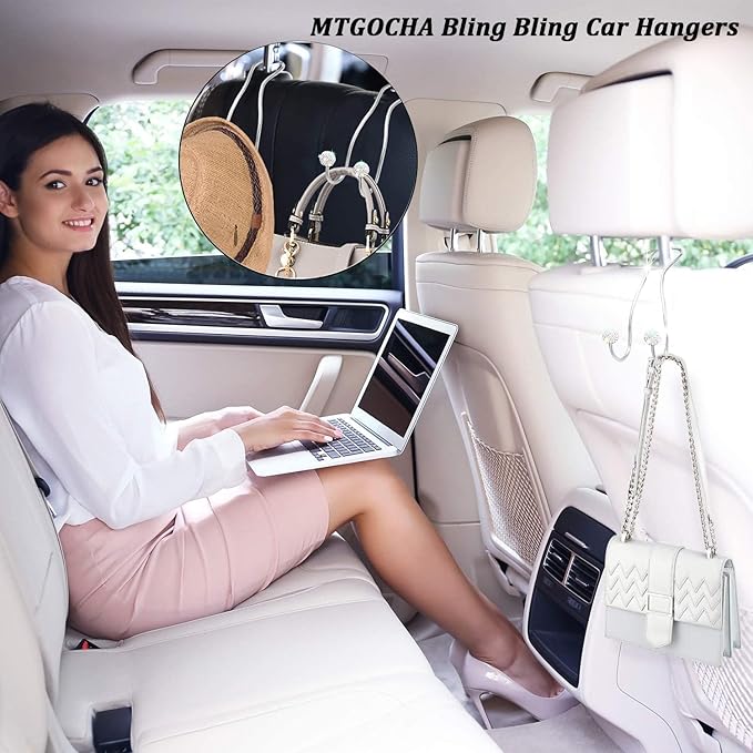 MTGOCHA Bling Purse Hook for Car Headrest, Upgraded Cute Car Seat Hooks for Bag Handbag, Durable Stainless Auto Purse Hanger Holder 2 Pack, White