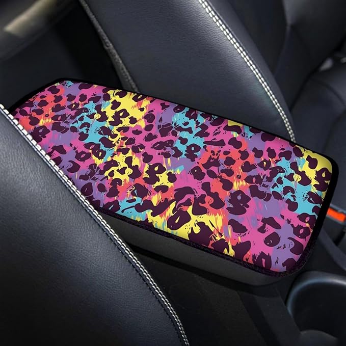 Dreaweet Rainbow Leopard Print Center Console Cover Car Accessories Interior Universal Middle Console Covers for SUV Truck Universal Fit Scratch & Wear Resistant Car Armrest Storage Box Mat Protector