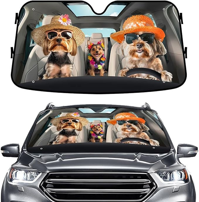 GENANY Yorkshire Terrier Family Windshield Sun Shade for Car SUV Truck (55x30 Inches), Sun Shade Windshield for Windows, Protector Blocks UV, Car Decor