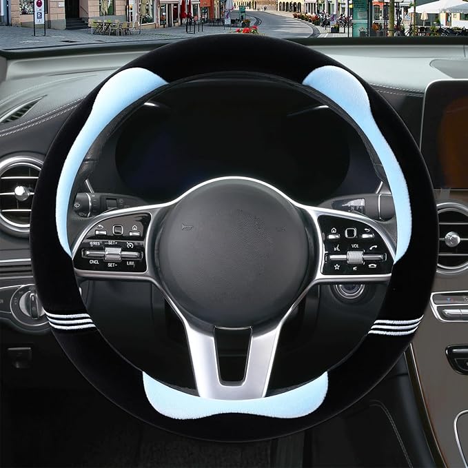 14 inch Furry Cute Steering Wheel Cover, Soft Fluffy Short Plush Auto Accessories, Non-Slip Cold-Proof Sweat-Proof Colorfast(Black with Blue)