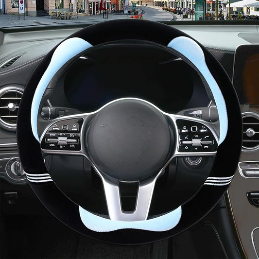 14 inch Furry Cute Steering Wheel Cover, Soft Fluffy Short Plush Auto Accessories, Non-Slip Cold-Proof Sweat-Proof Colorfast(Black with Blue)