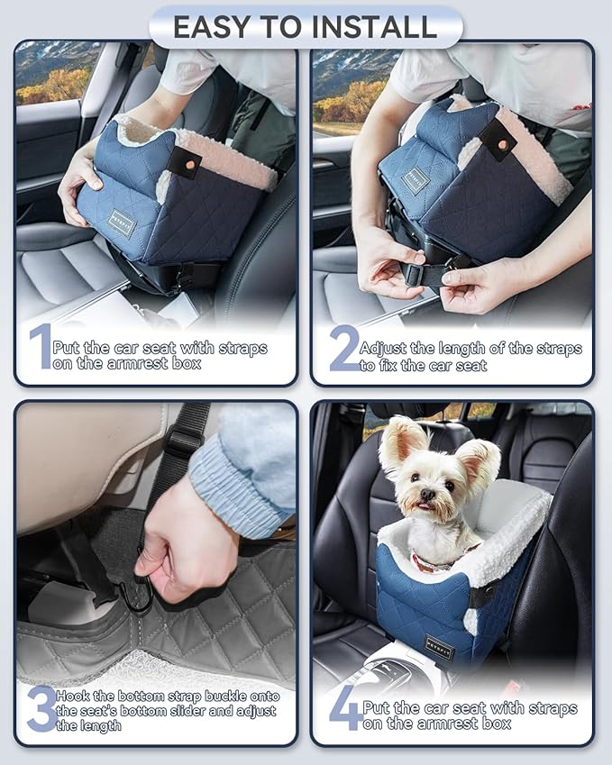 PETSFIT Center Console Dog Car Seat with Safe Protection Hooks, Pet Car Seat with Upgraded Safety Tethers, Washable Cushion, Console Dog Car Seats for Small Dogs Up to 8 Lbs(Blue)