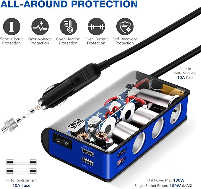 OOWOLF 7 in 1 180W Quick Charge 3.0 Cigarette Lighter Adapter, with Cigarette Lighter Function, for 12V-24V Car, 3-Socket Splitter, 4 USB Ports Car Power Adapter for GPS, Dash Cam, Phone, Tablet etc