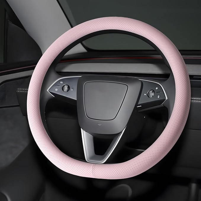 Microfiber Leather Universal 14.5-15 inch Steering Wheel Cover,Easy to Install Non-Slip Breathable Steering Wheel Protector Light Pink