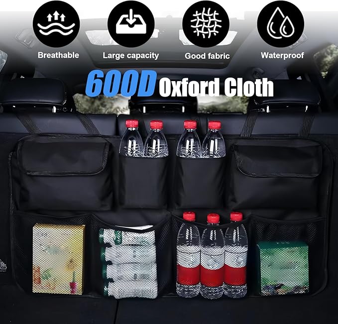 Car Trunk Organizer, Backseat Hanging Trunk Organizers and Storage, Waterproof Collapsible Cargo Storage Bag with 4 Pockets & 4 Mesh Pouches, Car Interior Accessories for SUV, Truck (Black)