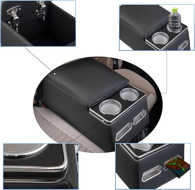 Center Console Organizer Armrest Storage Box with Cup and Phone Holder for Car & Van & Truck Floor Cab Back Bench Seat Black