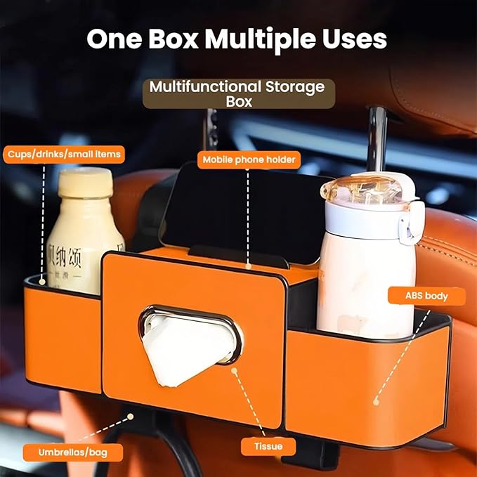 Car Organizers and Storage Box, 2026 New Multifunctional Car Seat Back Storage Box, Multifunctional Car Back Seat Storage Organizer-Carstorage Bag with 2 Cup Holders, Tissue Box, Hooks (Black)