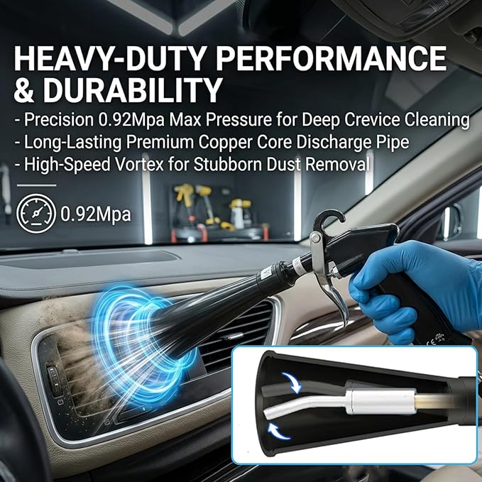 SakerPlus Dry Cleaning Gun, Air-Powered Car Interior Cleaning Tool with Vortex Airflow, Air Compressor Gun for Seats, Carpets, Floor Mats, Vents and Auto Detailing (2 Set Nozzle)